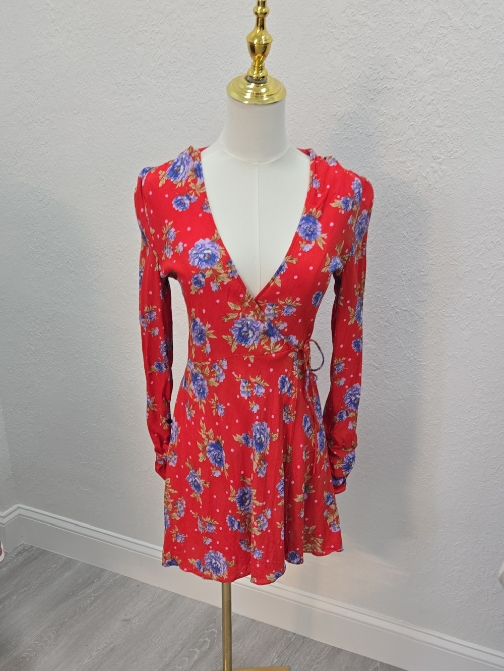 Zara Red Wrap Dress with Blue Floral Print